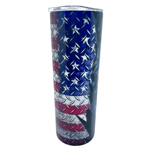 Never Forget Veterans 20 oz Skinny Tumbler USA Flag Soldier Eagle, New - Picture 4 of 4